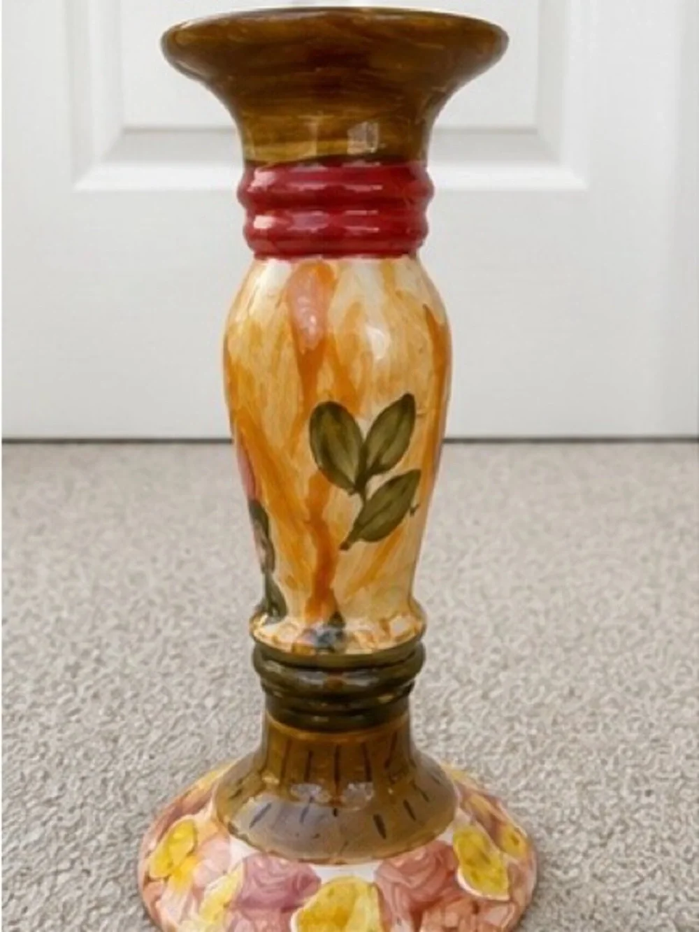 Hand-Painted Floral Ceramic Candle Holder - Yellow & Pink